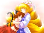  animal_ears artist_request blonde_hair blush cat_ears cat_tail chen closed_eyes fox_tail hat hug long_sleeves multiple_girls no_hat no_headwear pillow_hat surcoat tail tassel touhou wide_sleeves yakumo_ran 