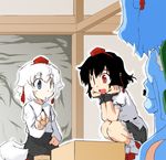  black_hair blue_eyes blue_hair board_game golden_pe_done hair_bobbles hair_ornament hat inubashiri_momiji kawashiro_nitori multiple_girls playing_games red_eyes shameimaru_aya short_hair shougi tail touhou two_side_up white_hair 