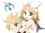  2girls brother_and_sister chibi flying hatsune_miku kagamine_len kagamine_rin koumei_(harmonizer) multiple_girls siblings spring_onion twins vocaloid 