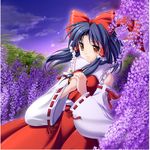  black_hair bow brown_eyes cloud detached_sleeves floating_hair flower hair_bow hair_tubes hakurei_reimu hands_clasped interlocked_fingers light_smile maroppe own_hands_together purple ribbon short_hair sky solo sparkle touhou twilight wide_sleeves wisteria 