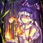  :o bamboo bamboo_forest bangs bow fire forest fujiwara_no_mokou hair_bow long_hair nature night outdoors puffy_short_sleeves puffy_sleeves red_eyes shippori shirt short_sleeves solo suspenders touhou upper_body very_long_hair white_hair white_shirt 