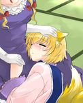  animal_ears blonde_hair coco_(artist) fox_ears gloves lap_pillow multiple_girls touhou white_gloves yakumo_ran yakumo_yukari 