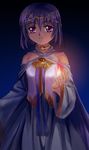  cape circlet copyright_request highres magic mutsuki_(moonknives) non-web_source pink_eyes purple_hair robe smile solo 
