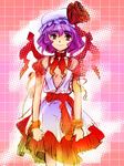  alternate_costume bare_shoulders closed_mouth dress eyebrows eyebrows_visible_through_hair hat hat_ribbon kanawo looking_at_viewer mob_cap purple_hair red_eyes red_ribbon remilia_scarlet ribbon sash short_hair smile solo standing touhou white_dress wings 