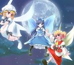  :d blonde_hair blue_dress blue_hair dress fairy fairy_wings flying frills full_body full_moon hat looking_at_viewer looking_back luna_child mob_cap moon multiple_girls open_mouth puffy_short_sleeves puffy_sleeves red_dress short_sleeves side_ponytail smile star_sapphire sunny_milk touhou wapokichi white_dress wings 