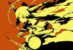  bangs bow chain gourd hair_bow holding horn_ornament horns ibuki_suika looking_away looking_to_the_side monochrome onigunsou red_background red_eyes rope slit_pupils smoke solo staring touhou upper_body yellow 