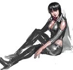  bangs bare_shoulders black_bodysuit black_hair blunt_bangs bodysuit breasts cleavage collarbone full_body high_heels junny large_breasts latex long_hair long_sleeves looking_at_viewer nico_robin one_piece shiny shiny_clothes simple_background sitting sketch solo very_long_hair white_background zipper 