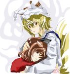  animal_ears artist_request blonde_hair brown_eyes brown_hair cat_ears chen dress fox_tail hat long_sleeves looking_at_viewer multiple_girls multiple_tails no_hat no_headwear pillow_hat red_dress red_eyes short_hair simple_background tail touhou white_background white_dress yakumo_ran 
