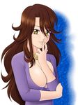  bracelet breasts brown_hair cleavage closed_mouth curly_hair finger_to_mouth gundam gundam_00 haru_(hall) jewelry large_breasts long_hair long_sleeves looking_at_viewer smile solo sumeragi_lee_noriega sweater very_long_hair yellow_eyes 