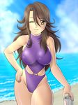  alcohol beach beer can casual_one-piece_swimsuit day gundam gundam_00 hand_on_hip haru_(hall) highleg highleg_swimsuit ocean one-piece_swimsuit one_eye_closed smile solo sumeragi_lee_noriega swimsuit 
