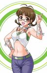  :d akizuki_ritsuko bare_shoulders braid cool_&amp;_sexy_(idolmaster) glasses hand_on_hip hida_tatsuo idolmaster idolmaster_(classic) idolmaster_1 index_finger_raised jewelry midriff navel necklace open_mouth pointing pointing_up short_hair slender_waist smile solo twin_braids 