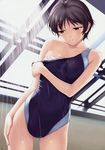 black_hair brown_eyes competition_swimsuit highres idolmaster idolmaster_(classic) idolmaster_1 kikuchi_makoto one-piece_swimsuit rei_no_pool short_hair showering solo swimsuit tanaka_shoutarou undressing wet 