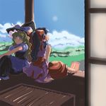  :o apron artist_request bare_shoulders barefoot blonde_hair blue_sky blush box building cloud day detached_sleeves donation_box hakurei_reimu hat horizon kirisame_marisa landscape long_hair long_sleeves looking_back multiple_girls nature outdoors pillar porch sitting sky sun toes touhou waist_apron witch_hat wooden_floor 