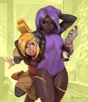  2girls black_legwear blonde_hair breasts brown_eyes commentary covered_navel cowboy_shot culottes cuts dark_skin english_commentary finger_on_trigger flying_sweatdrops gun hand_in_hair handgun headlock headphones injury jacket leather leather_jacket leotard long_hair medium_breasts mendeleev multiple_girls pistol purple_hair purple_leotard red_eyes ribbed_leotard robin_(the_iconoclasts) simon_stafsnes_andersen standing the_iconoclasts thick_thighs thighs weapon 