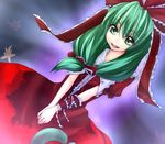  banned_artist bow dress frills front_ponytail green_eyes green_hair hair_bow kagiyama_hina ribbon solo suisen touhou 