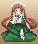  blush brown_hair dress drill_hair frills green_eyes hat heterochromia long_hair long_sleeves looking_at_viewer maroppe open_mouth red_eyes ribbon rozen_maiden shoes sitting solo suiseiseki twin_drills twintails very_long_hair 