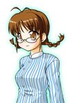  akizuki_ritsuko antenna_hair arms_at_sides black-framed_eyewear blush braid brown_eyes brown_hair closed_mouth expressionless glasses idolmaster idolmaster_(classic) idolmaster_1 long_hair long_sleeves looking_at_viewer miyabe_makoto shirt solo striped striped_shirt twin_braids vertical-striped_shirt vertical_stripes 