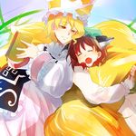  animal_ears blonde_hair book brown_hair cat_ears chen closed_eyes earrings fang fox_tail hat jewelry large_tail looking_at_another mob_cap multiple_girls saliva short_hair sleeping tabard tail tail_hug touhou umishima_senbon yakumo_ran yellow_eyes 