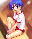  :d bandaid bandaid_on_knee blue_eyes blue_hair buruma gym_uniform looking_at_viewer matsubara_aoi oekaki open_mouth shoes short_hair sitting smile solo sunlight to_heart tying_shoes zen 