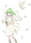 angel angel_wings aqua_eyes asahikawa_hiyori bird dress feathers green_hair original skirt solo white_dress white_skirt white_wings wings 