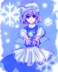  blue_background blue_eyes blue_skirt hat kanawo lavender_hair letty_whiterock long_sleeves looking_at_viewer outstretched_arms reaching_out short_hair simple_background skirt snow snowflakes solo touhou 