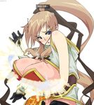  amami_amayu blue_eyes blush breast_hold breasts brown_hair champion elbow_gloves error gloves hair_ribbon huge_breasts long_hair looking_at_viewer nipple_slip nipples ponytail ragnarok_online ribbon sidelocks simple_background sleeveless solo translated white_background 