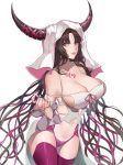  1girl bangs bare_shoulders black_hair blush breasts cleavage cowboy_shot facial_mark fate/grand_order fate_(series) forehead_mark groin hand_up highres horns large_breasts legs legs_together lipstick long_hair looking_at_viewer lr makeup navel orange_eyes parted_lips pink_lips revealing_clothes sesshouin_kiara simple_background solo standing tattoo thighhighs thighs thong white_background 
