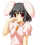  :o animal_ears black_hair blush bunny_ears carrot_necklace dress inaba_tewi looking_at_viewer maroppe parted_lips pink_dress puffy_short_sleeves puffy_sleeves red_eyes rubbing_eyes short_sleeves simple_background solo tears touhou white_background 