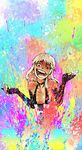  bad_id bad_pixiv_id bare_shoulders blonde_hair choker colorful crazy dark_skin elbow_gloves fingerless_gloves gloves highres laughing original paint paint_splatter red_eyes solo sudeni_sokurou teeth 