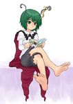  antennae barefoot book cape crossed_legs feet green_eyes green_hair highres kuro_suto_sukii reading short_hair sitting solo touhou wriggle_nightbug 