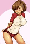 bad_id bad_pixiv_id blush breasts brown_hair cameltoe covered_nipples female_protagonist_(persona_3) gym_uniform large_breasts persona persona_3 persona_3_portable red_eyes rirakukan shirt solo taut_clothes taut_shirt 
