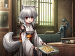  animal_ears blush detached_sleeves food indoors inubashiri_momiji kei_kei open_mouth red_eyes short_hair shrimp shrimp_tempura silver_hair smile solo standing tail tempura touhou wide_sleeves wolf_ears wolf_tail 