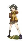  bandaid bandaid_on_face boots brave_witches brown_gloves chikiso clenched_hands d: full_body gloves kanno_naoe legs_apart looking_at_viewer open_mouth outstretched_arm pose scarf solo standing striped striped_scarf world_witches_series 