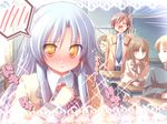  3boys angel_beats! blazer blush brown_hair classroom closed_eyes confession hairband jacket kibushi long_hair multiple_boys multiple_girls ooyama_(angel_beats!) school_uniform silver_hair sitting tenshi_(angel_beats!) yellow_eyes 