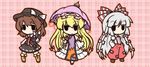  bad_id bad_pixiv_id blonde_hair brown_hair fujiwara_no_mokou fushigi_ebi hat long_hair multiple_girls necktie ribbon silver_hair suspenders touhou umbrella usami_renko yakumo_yukari 