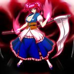  breasts cleavage clog_sandals hair_bobbles hair_ornament large_breasts namekongu onozuka_komachi red_eyes red_hair scythe short_hair solo touhou two_side_up 