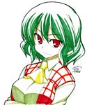  ascot breast_hold breasts green_hair kazami_yuuka large_breasts marker_(medium) millipen_(medium) plaid plaid_vest red_eyes shikishi simple_background smile solo souto touhou traditional_media upper_body vest white_background 