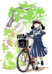  bag bicycle bicycle_basket black_footwear blue_skirt bookbag closed_eyes full_body ground_vehicle hair_bobbles hair_ornament hat loafers long_sleeves mitsumoto_jouji navy_blue_serafuku neckerchief original outdoors plant pleated_skirt school_bag school_hat school_uniform serafuku shoes skirt smile socks solo twintails walking white_legwear 