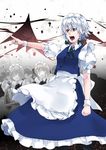  braid inugami_akito izayoi_sakuya maid maid_headdress pantyhose pointing red_eyes short_hair silver_hair solo touhou twin_braids 