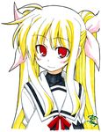  blonde_hair fate_testarossa hair_ribbon long_hair lyrical_nanoha mahou_shoujo_lyrical_nanoha marker_(medium) millipen_(medium) red_eyes ribbon school_uniform seishou_elementary_school_uniform shikishi solo souto traditional_media 