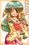  bare_shoulders breasts copyright_name feena_(grandia) grandia grandia_i green_hair hair_ornament hair_tubes jewelry long_hair low-tied_long_hair medium_breasts midriff navel necklace one_eye_closed open_mouth pointing skirt smile solo white_background yason 