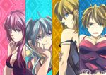  3girls :d aqua_hair bad_id bad_pixiv_id blonde_hair blue_eyes breasts cleavage crossdressing hair_ornament hairclip hatsune_miku hino_(gonta523) kagamine_len kagamine_rin large_breasts medium_breasts megurine_luka multiple_girls open_mouth otoko_no_ko pink_hair short_hair smile twintails vocaloid 