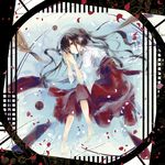  afloat barefoot black_eyes black_hair hakama highres japanese_clothes laruha long_hair looking_at_viewer lying original petals red_hakama solo 