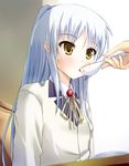  angel_beats! feeding food half_updo long_hair mapo_doufu odayan school_uniform solo_focus spoon tenshi_(angel_beats!) white_hair yellow_eyes 