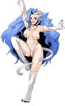  animal_ears arm_up big_hair blue_hair breasts cat_ears cat_paws cat_tail claws fangs felicia fur green_eyes large_breasts long_hair navel open_mouth paws shinobe solo standing standing_on_one_leg tail thighhighs vampire_(game) very_long_hair 