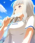  ace_rocket breasts food highres idolmaster idolmaster_(classic) large_breasts long_hair necktie popsicle red_eyes shijou_takane silver_hair solo summer very_long_hair 