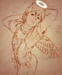  aaru_sentou_shuudan androgynous arms_behind_head haibane_renmei halo monochrome orange_(color) rakka solo static_cling wings 