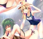  asskiler bad_id bad_pixiv_id bikini blonde_hair eyes frog green_eyes green_hair hair_ornament hat kochiya_sanae long_hair moriya_suwako multiple_girls name_tag one-piece_swimsuit school_swimsuit side-tie_bikini swimsuit touhou 