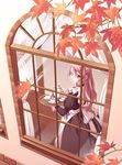  apron autumn_leaves from_outside geisya hair_ornament hairclip leaf long_hair looking_out_window maid original pink_eyes pink_hair solo tea_set teapot tray window 