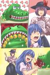  blood blue_hair blush box comic crocodile crocodile_dentist crocodilian food fruit gift gift_box hat highres hinanawi_tenshi jiete long_hair masochism multiple_girls nagae_iku peach purple_hair red_eyes short_hair silent_comic touhou toy translated 